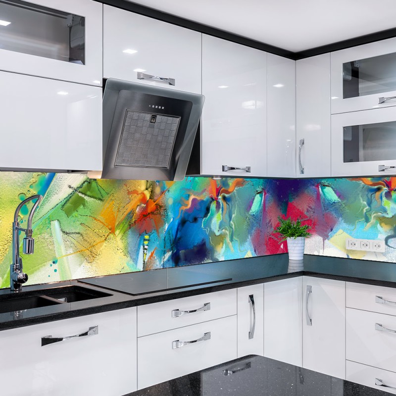 Crédence Cuisine En Verre Trempé 125x50 Cm - Design Vagues Jaune - Adhésif Inclus - Anti-taches